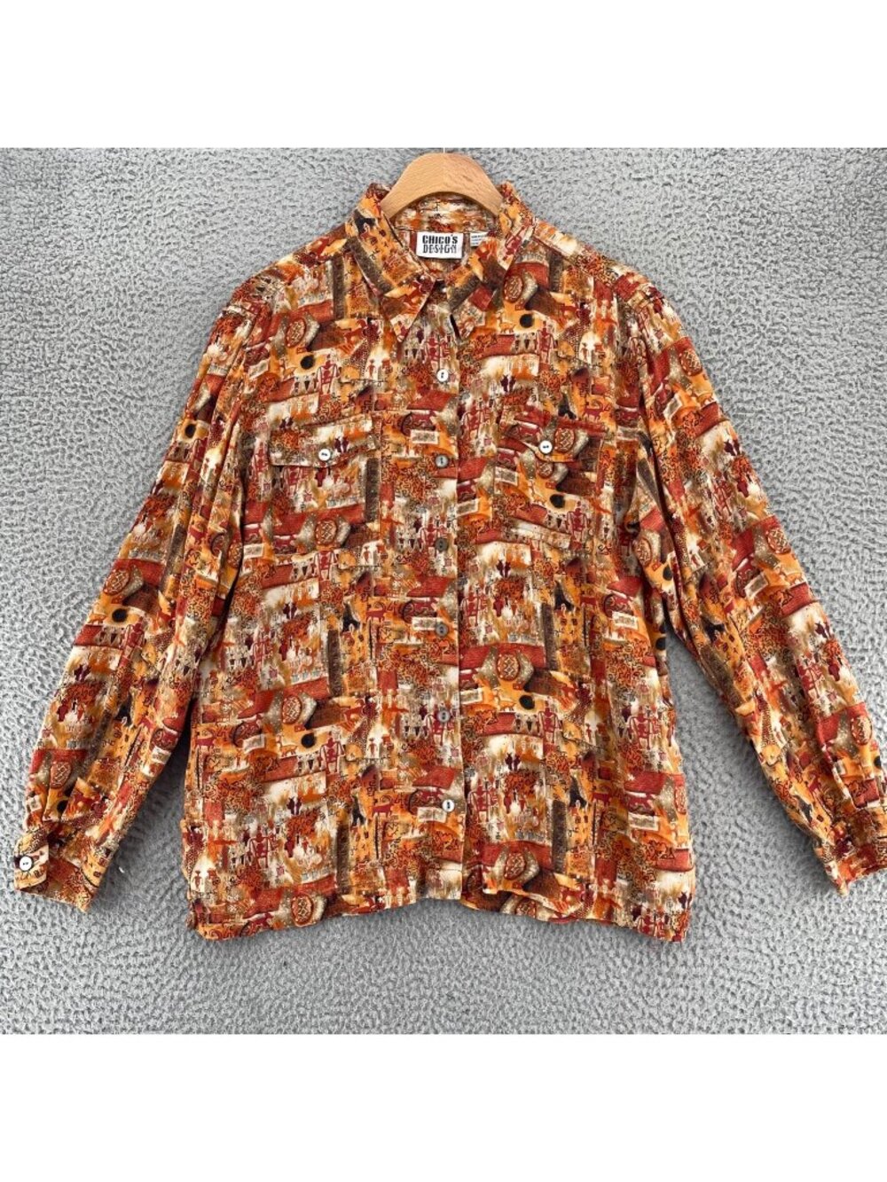 Chicos Top Womens 2 US Large Orange Ancient Art Silk Button Collar Long Sleeves
